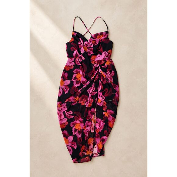 SHEIN Dresses & Skirts - SHEIN BAE Curve NWT Black Pink Floral Ruched Midi Dress Cowl Neck Bodycon Party